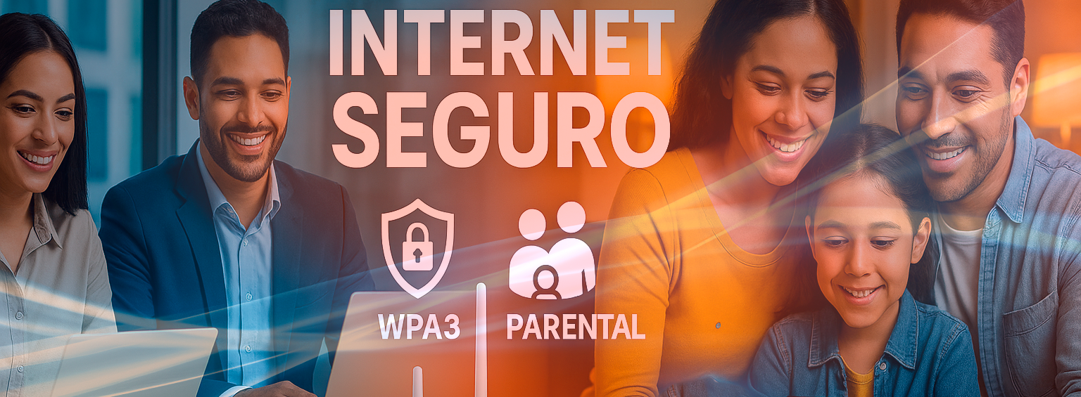Familia usando Internet de forma segura con control parental y Wi-Fi protegido